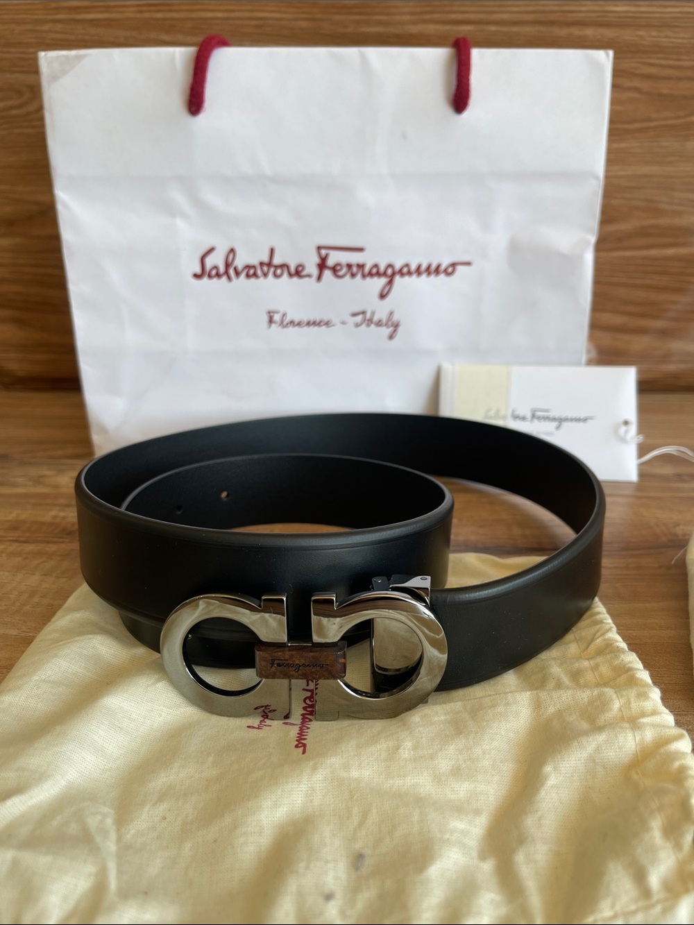 Salvatore Ferragamo Black Leather Belt with Silver Double Gancini Buckle